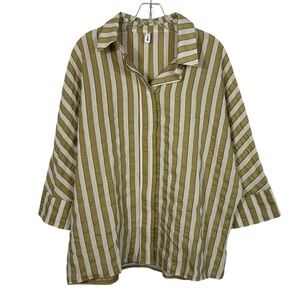Glam Green Khaki White Striped Oversized Button Down Breathable Blouse Large L